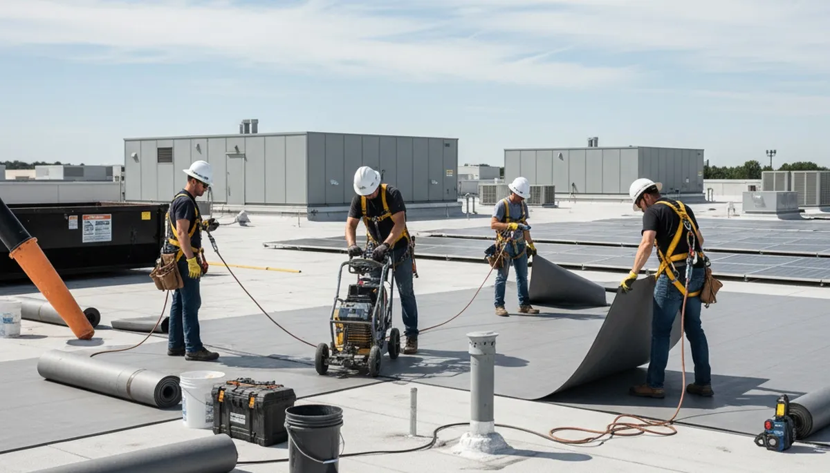 San Antonio, TX commercial roofing crew installing durable roof panels on a local business